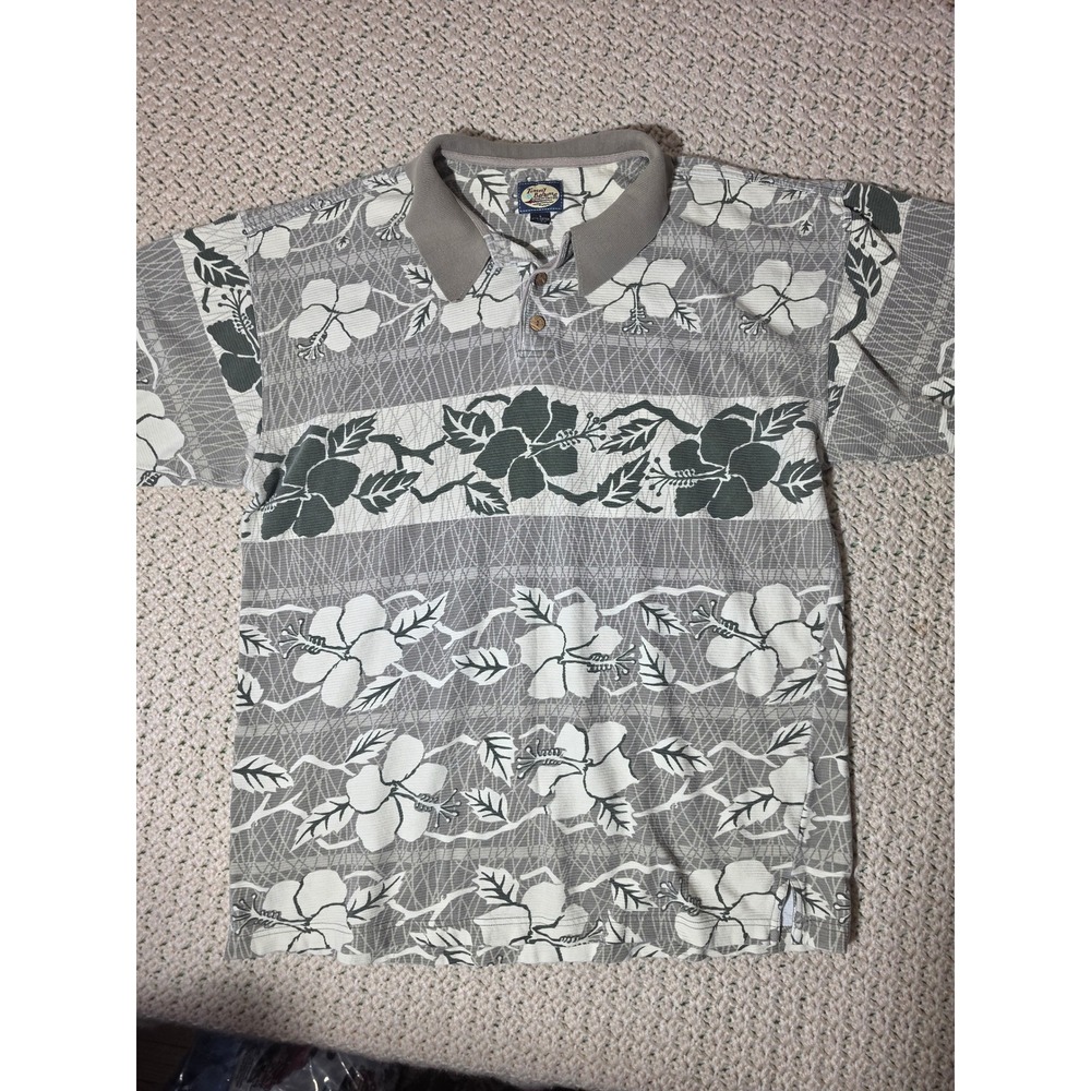 Tommy Bahama Polo Shirt Mens Large Grey Excellent Hibiscus Floral Cotton Ribbed